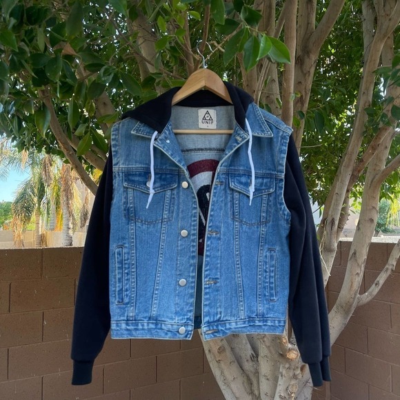 Unif Jacket Womens Small Blue Black Denim No You Patch Streetwear Grunge - Picture 1 of 6